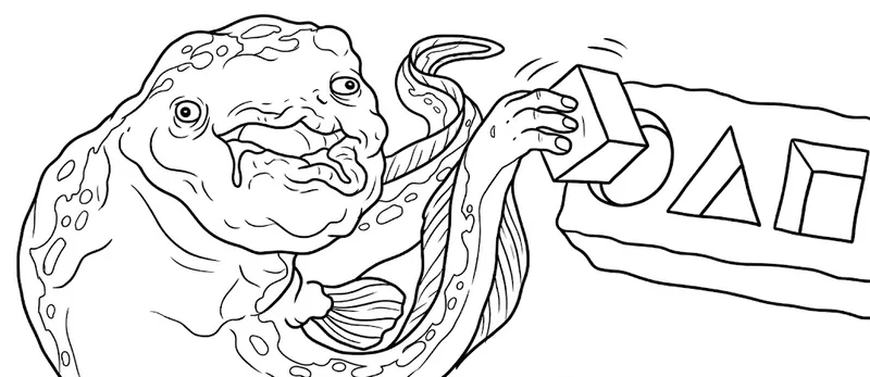 Jorik, an eel reaching toward geometric concrete blocks