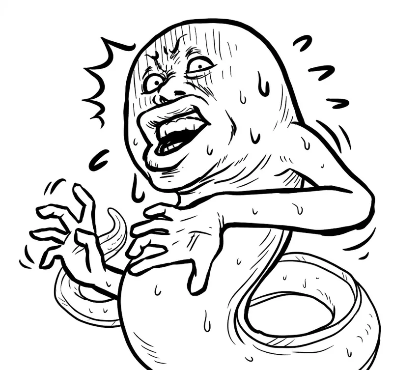 Inbox Steve, a panicked eel relative gesturing with open hands