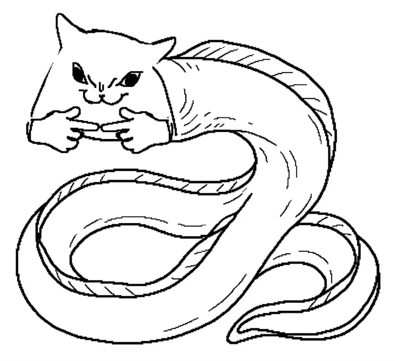 Xander, a cat-headed eel holding paws forward